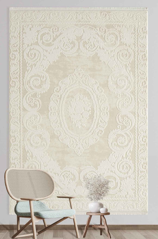 Rue Cream Medallion Woll, Cotton Machine Made Area Rug