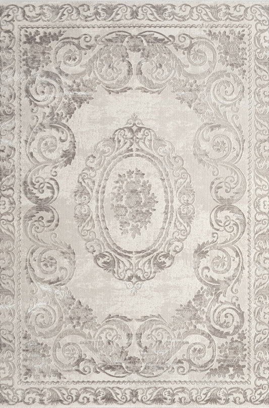 Saillon Grey Medallion Woll, Cotton Machine Made Area Rug