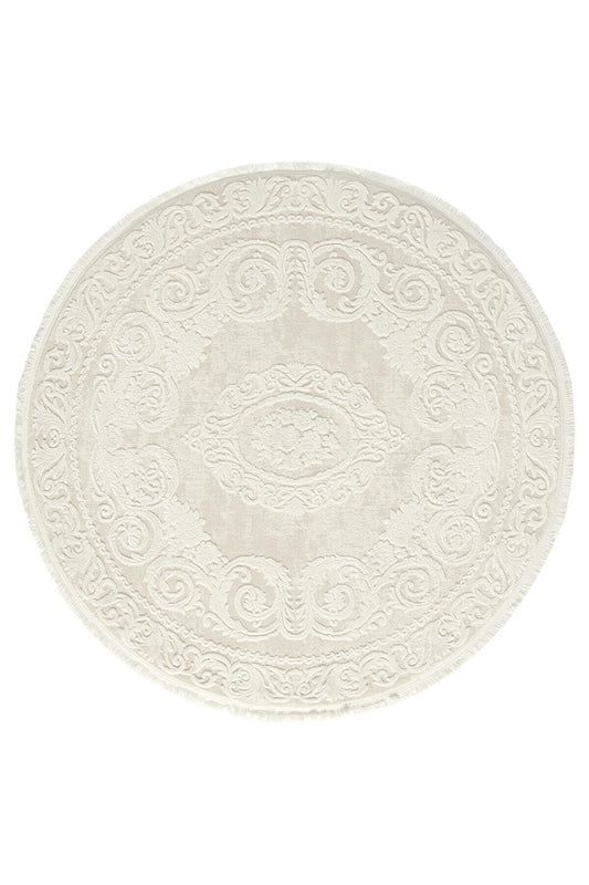 White Medallion Abstract Round Rug | Cotton  Machine Made Area Rug