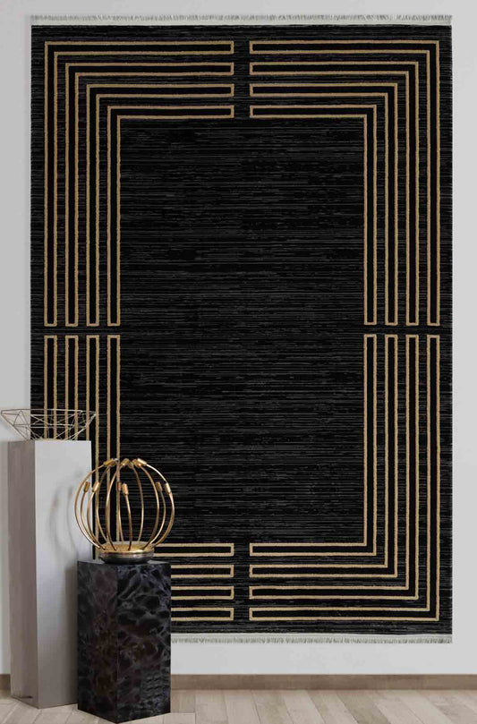 Uster Black Framed Woll, Cotton Rug